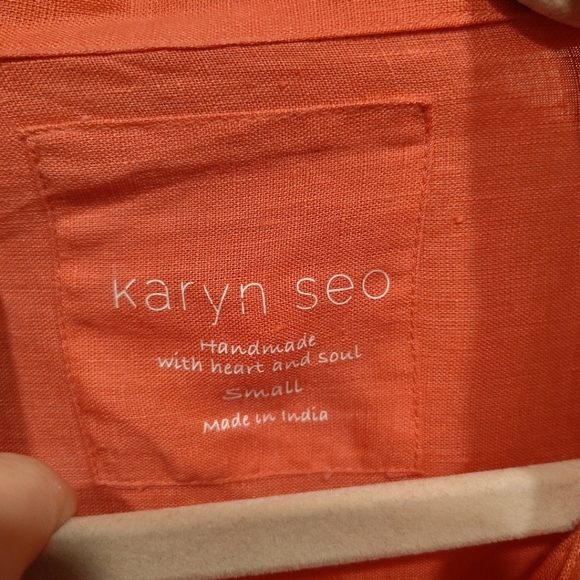 Karyn Seo Coral Linen & Floral Satin Long Sleeve Button Down Shirt Sz S Boho - Picture 2 of 7